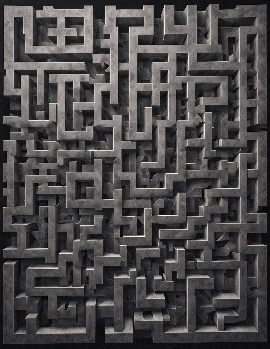 The primary subject of the image is a large, intricate, and complex stone wall. The setting is a stone wall, and the visual style is a photo. The colors and mood of the image are dark and mysterious, with the stone wall serving as the main focal point.